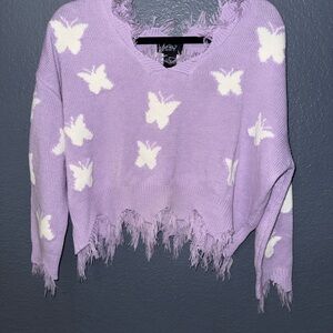 Others Follow Lavender Butterfly Distressed V-Neck Sweater